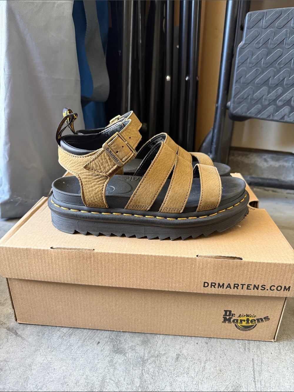 Dr. Martens Tan Leather Platform Sandals with Black Footbed